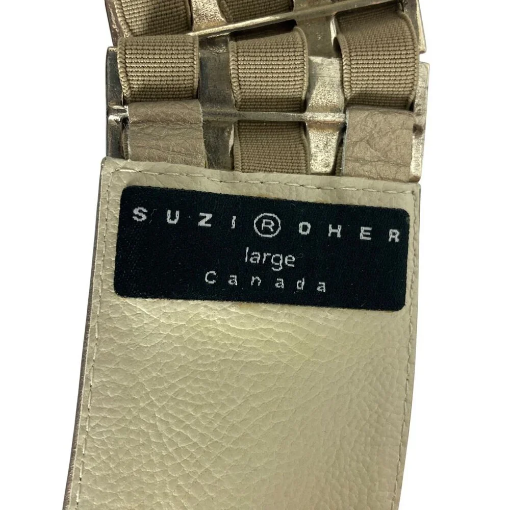 Suzi Roher Gold Leather Silver Metal Square Link Wide Belt Large Stretch